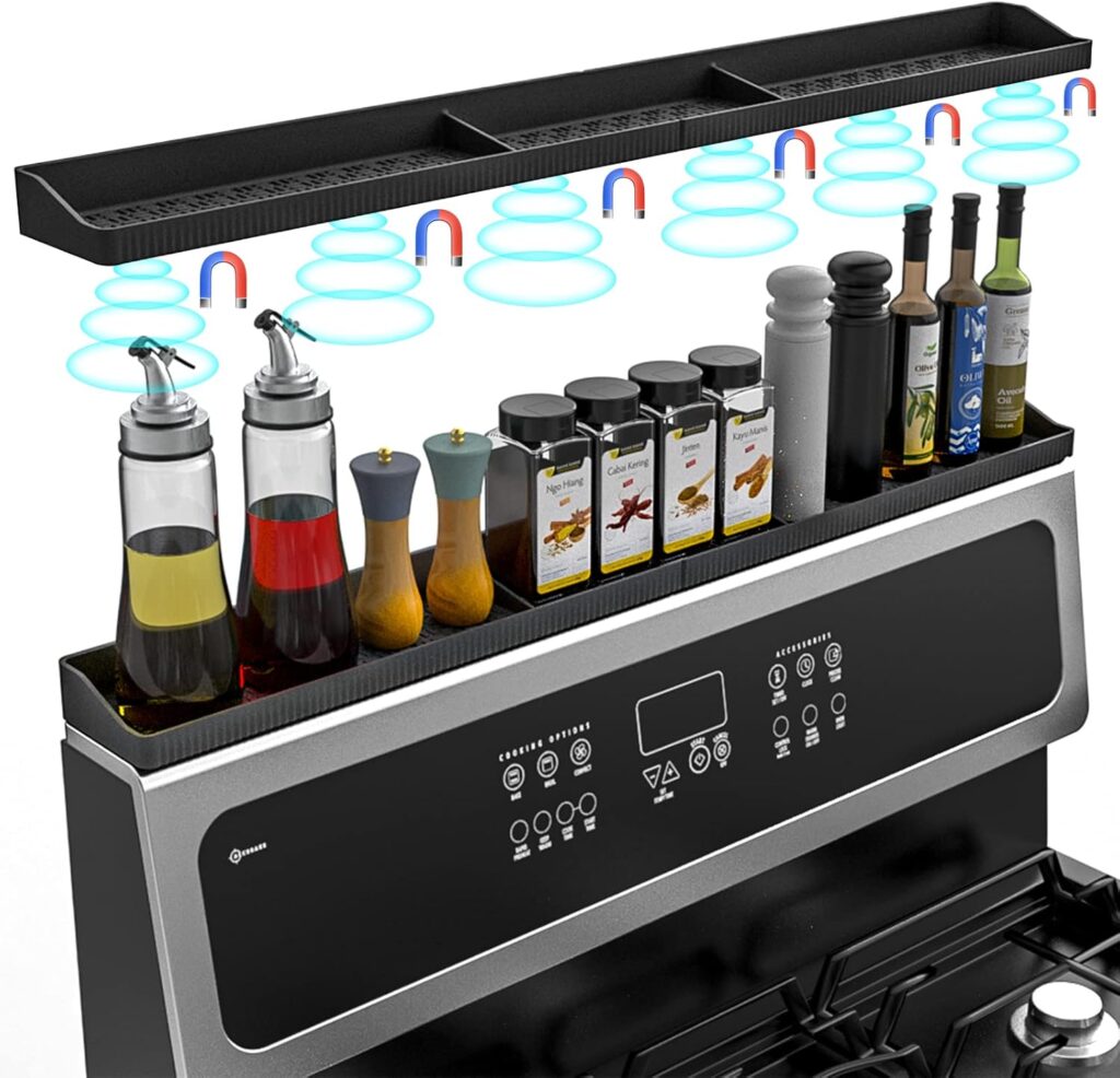 Magnetic Stove Top Shelf 30 Inch - Heat Resistant Silicone Over the Stove Shelf Spice Rack Organizer - 3 Functional Partitions Kitchen Organization and Storage for Spices, Oils & Gadgets (Black)