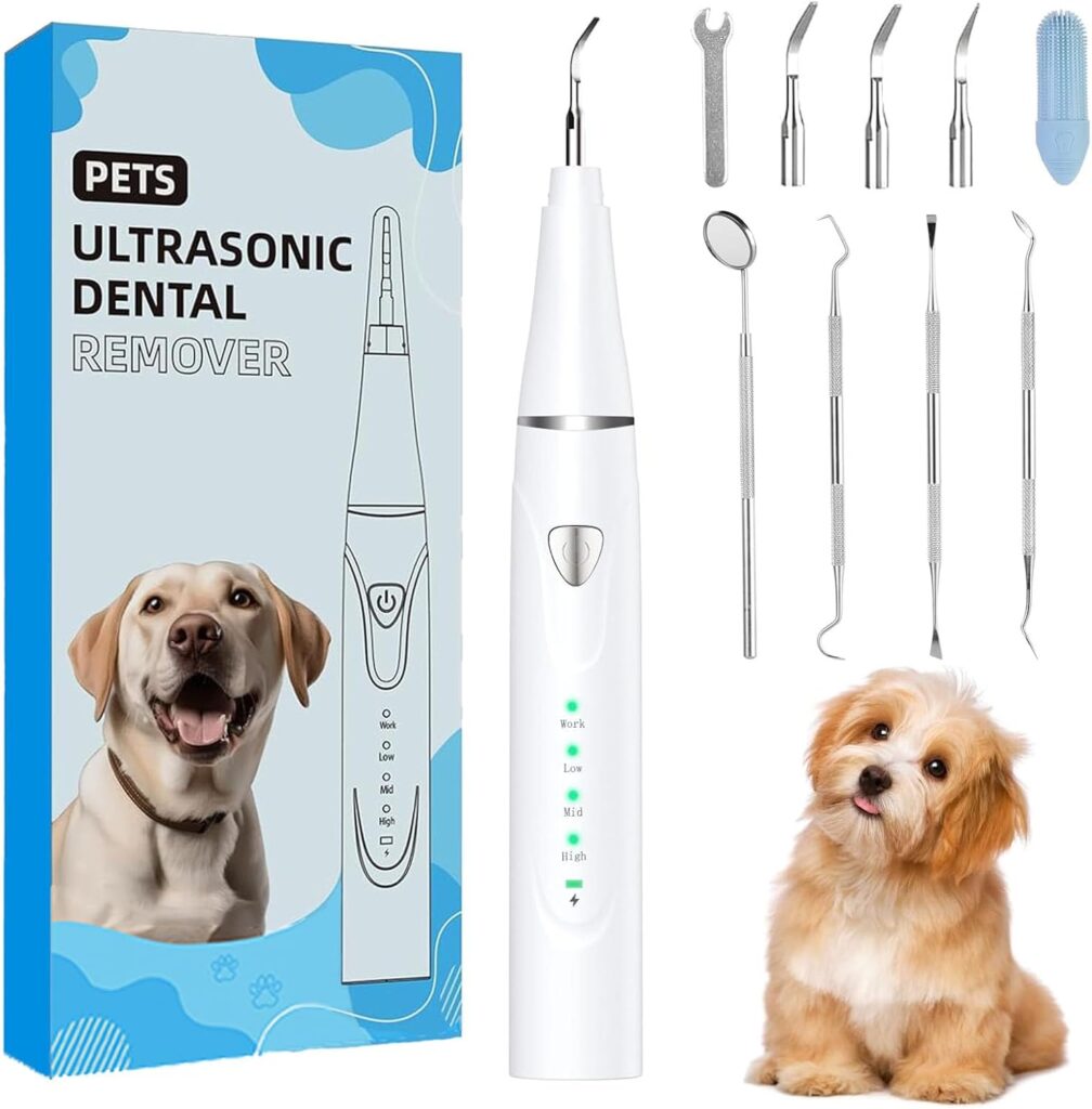 Plaque Remover for Teeth, Pet Ultrasonic Cleaner, Dog Plaque and Tartar Remover with LED Light, Dog Teeth Cleaning Dental Care Kit for Tartar and Stains, Suitable for Dogs and Cats (White)