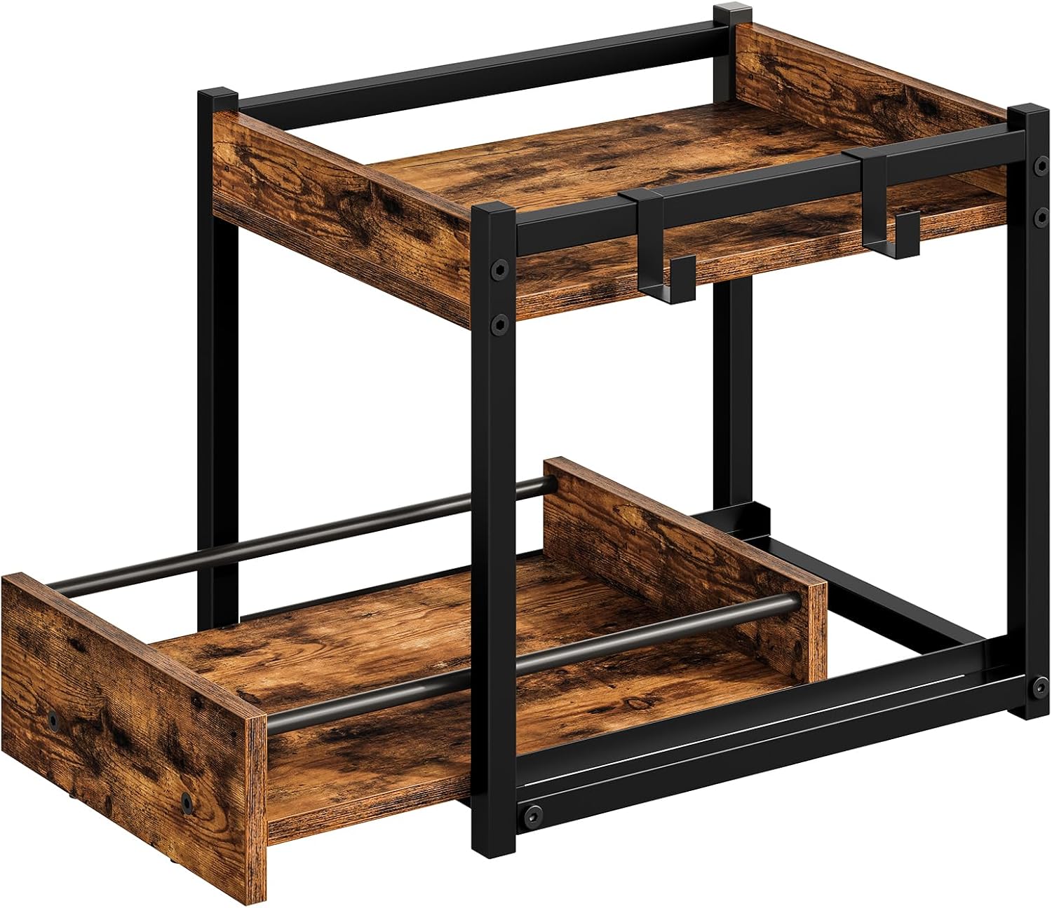 HOOBRO Kitchen Countertop Organizer, Corner Shelf Organizer, 2-Tier Spice Rack with Pull-Out Shelf and Hooks, for Kitchen, Office, Study, Bedroom, Living Room, Rustic Brown and Black BF08TL01