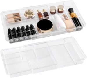 Oubonun Expandable Drawer Organizer 11.1 to 19.2 Width, Shallow Cosmetic Organizer 1.3 Height, 2 Packs, Clear Plastic Storage Trays for Dressing Table,Bathroom
