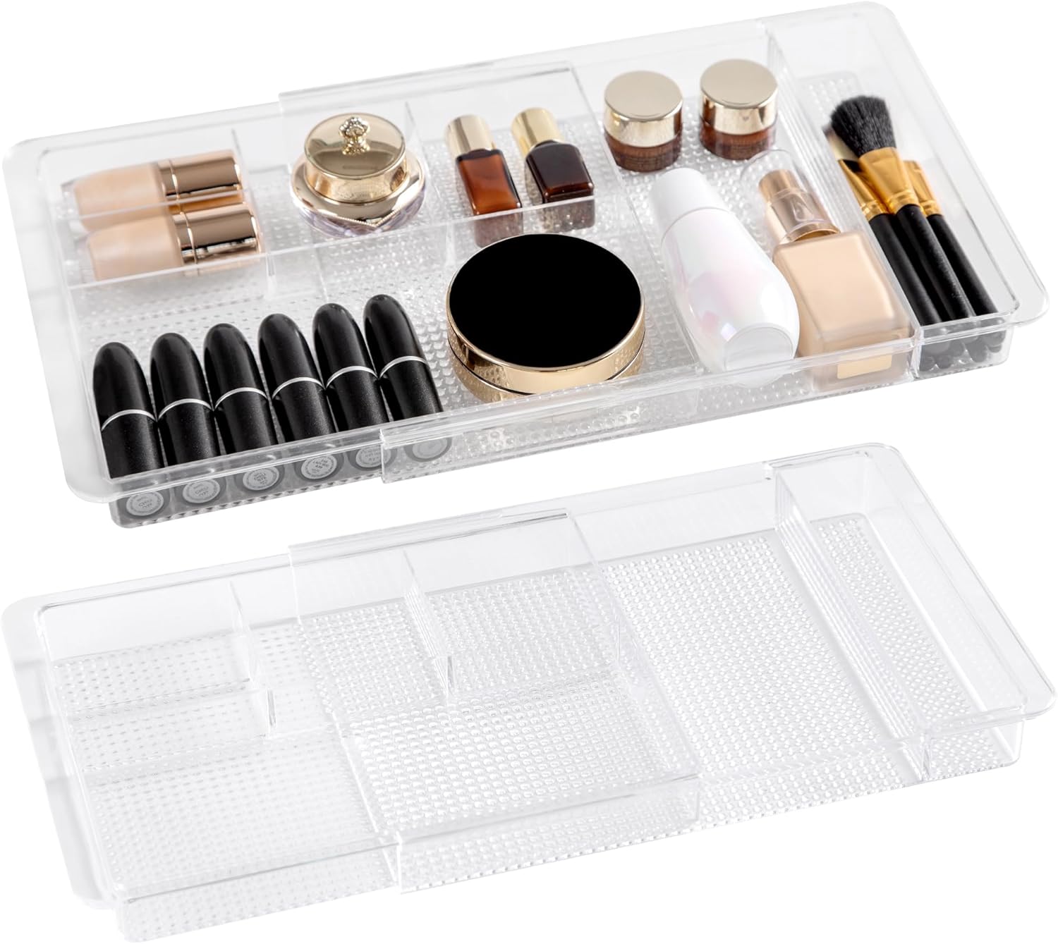 Oubonun Expandable Drawer Organizer 11.1 to 19.2 Width, Shallow Cosmetic Organizer 1.3 Height, 2 Packs, Clear Plastic Storage Trays for Dressing Table,Bathroom