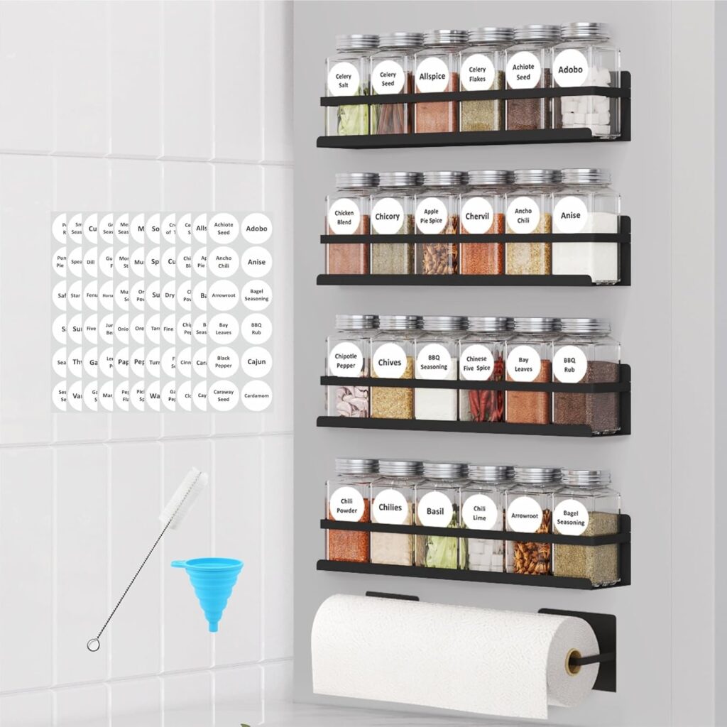 Magnetic Spice Rack with Jars Magnetic Spice Rack for Refrigerator 24 Spice Jars with Label Magnetic Shelves for Fridge 4 Pack Black