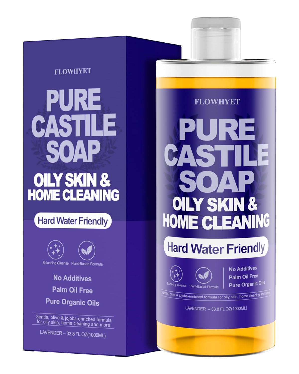 Pure Castile Soap Liquid Lavender 33.8 fl oz  Natural & Vegan Body Wash for Oily & Sensitive Skin, Hard Water Friendly Bath Soap Liquid for Body,Face, Laundry Soap & Home Cleaning 1L