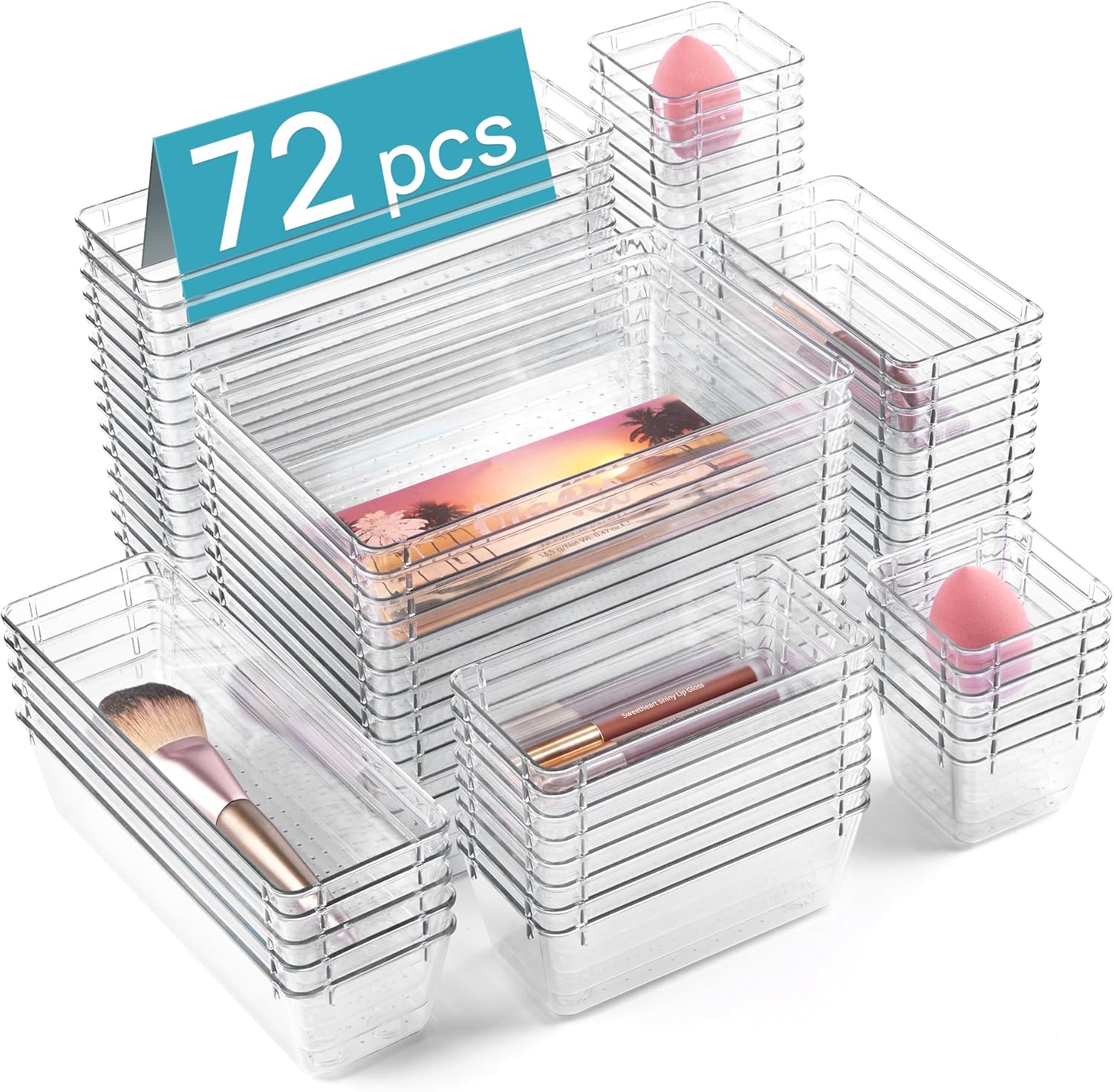 Vtopmart 72 PCS Clear Plastic Drawer Organizers Set, 4-Size Versatile Bathroom and Vanity Organizer Trays, Non-Slip Storage Containers for Makeup, Jewelries, BedroomKitchen Utensils and Office