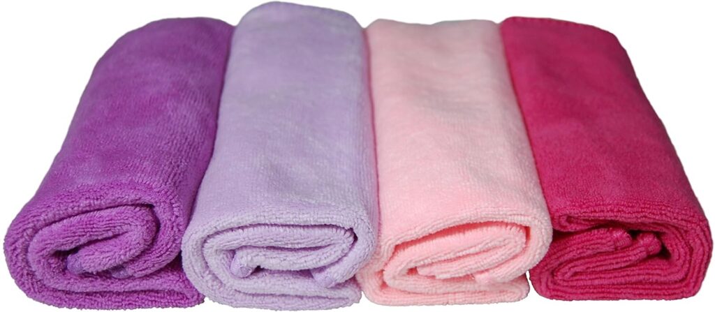 EcoSol Designs - Microfiber Towels, Cleaning & Drying Must-Have, Soft, Thick Dry/Wipe for Personal/Home/Office/Car Use, 4 12x12 Towels with Hanging Loops in Dark and Light Pink, Purple & Lavender