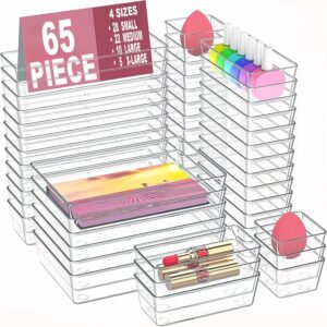 Manalete Drawer Organizers Set of 65, 4 Sizes Clear Plastic Drawer Organizers and Storage Bins for Kitchen, Bathroom, Office, Dresser Desk Drawer Organizer Tray for Jewelry, Makeup, Junk, Gadgets