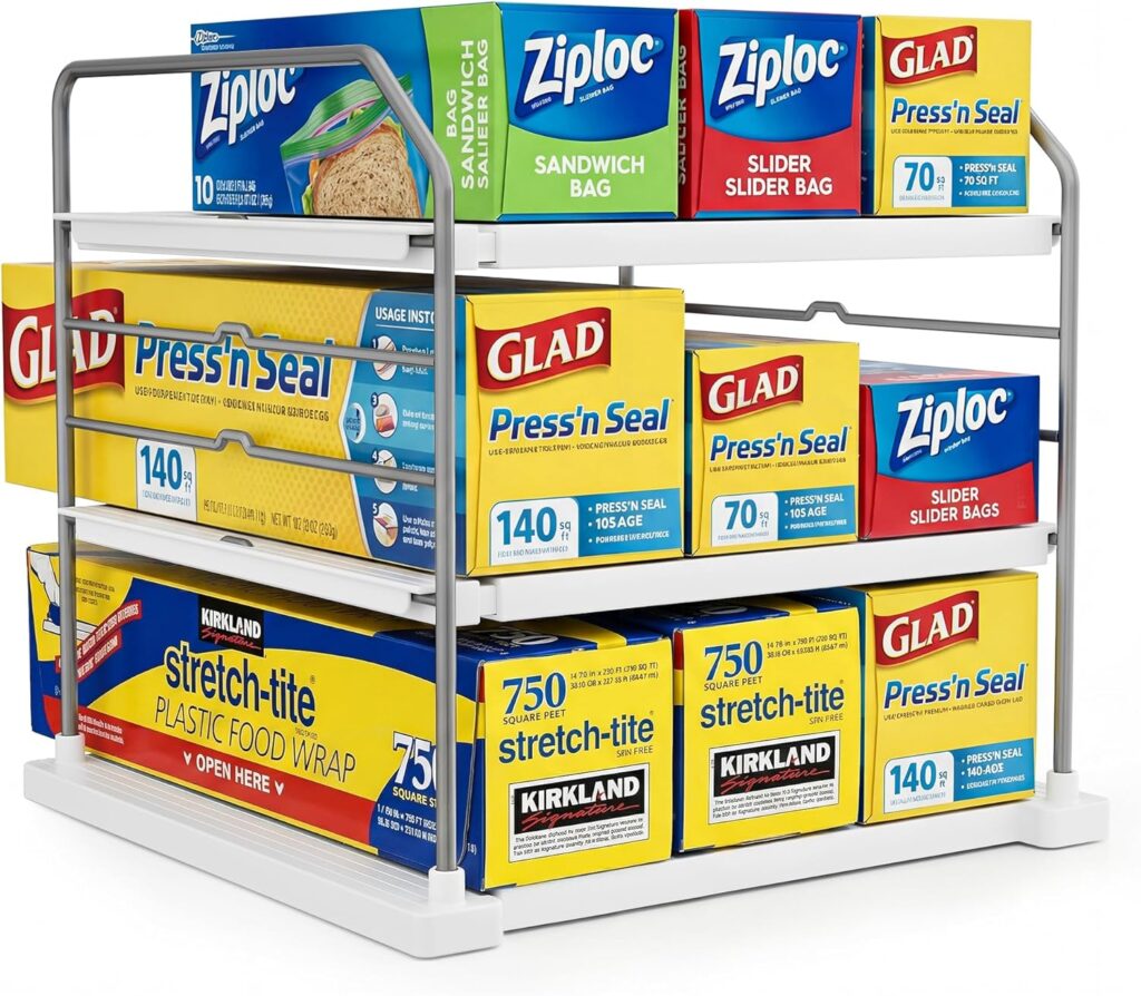 EVERIE Extendable 3-Tier Kitchen Cabinet & Pantry Organizer for Plastic Wrap, Foil & Storage Bags, Adjustable Heavy Duty Shelf Rack for Wrap Boxes, Jars & Snack Boxes (1116.7 in Wide), Pack of 1