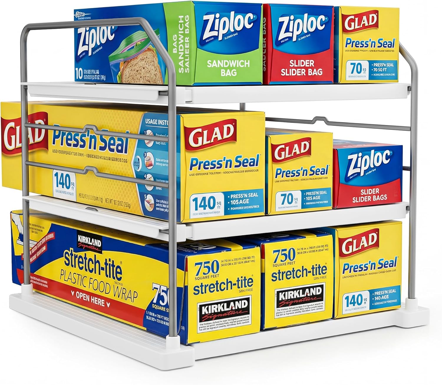 EVERIE Extendable 3-Tier Kitchen Cabinet & Pantry Organizer for Plastic Wrap, Foil & Storage Bags, Adjustable Heavy Duty Shelf Rack for Wrap Boxes, Jars & Snack Boxes (1116.7 in Wide), Pack of 1