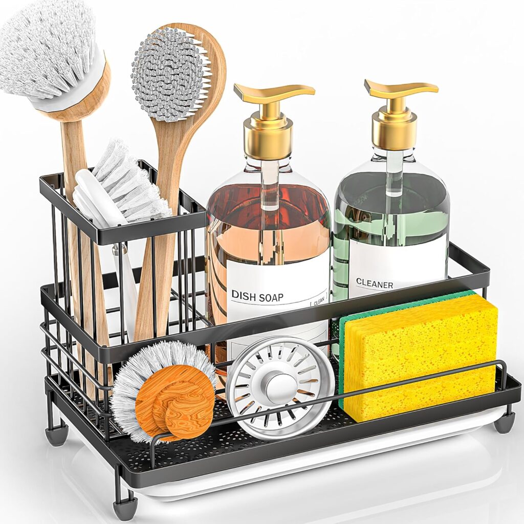 Cisily Large Capacity Kitchen Sink Caddy Organizer, Rustproof Non-Slip Sponge Holder With Dish Brush Holder Organizer, Kitchen Organization and Storage, Essentials Accessories for Countertop