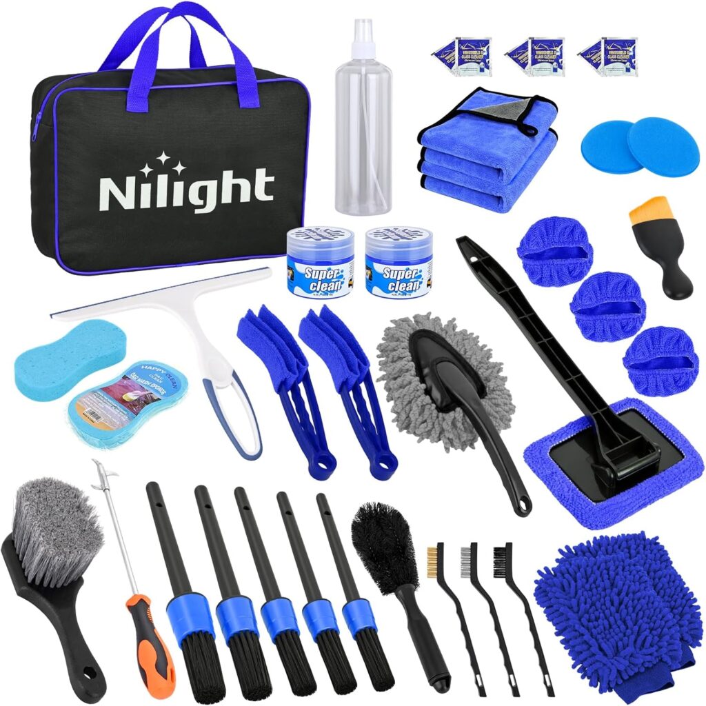 Nilight 37PCS Car Detailing Kit Auto Cleaning Tools Wash Set with Storage Carry Bag Home Use for Interior Exterior Deep Clean Car Care Windshield Dashboard Seat Air Vents Wheels Tires, Blue