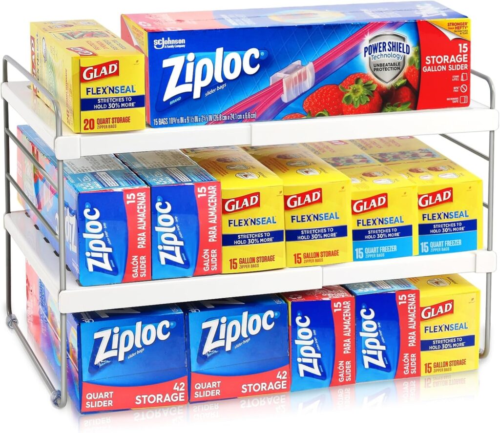 JUPELI Foil and Plastic Wrap Organizer, Expandable Kitchen Pantry Storage, Height Adjustable Cabinet Rack for Kitchen Organization, Aluminum Foil -3 Tier 9.8 to 15.6L