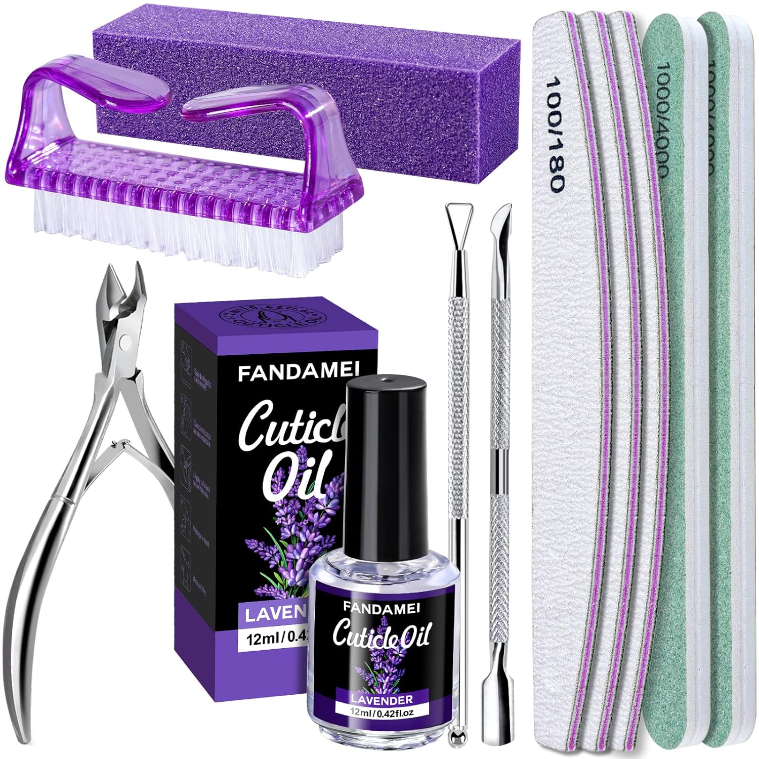 FANDAMEI Nail Files and Buffers, Nail Cuticle Remover Kit with Nail File, Nail Buffer, Nail Buffer Block, Cuticle Nipper, Cuticle Pusher, Cuticle Peeler. Nail Cuticle Oil Lavender for Nail Care