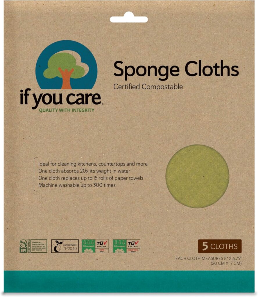 If You Care Sponge Cloths  5 Count  100% Natural Cleaning Rags for Kitchen, Bathroom, Home Countertop Surfaces  Absorbent, Reusable, Machine Washable, Compostable