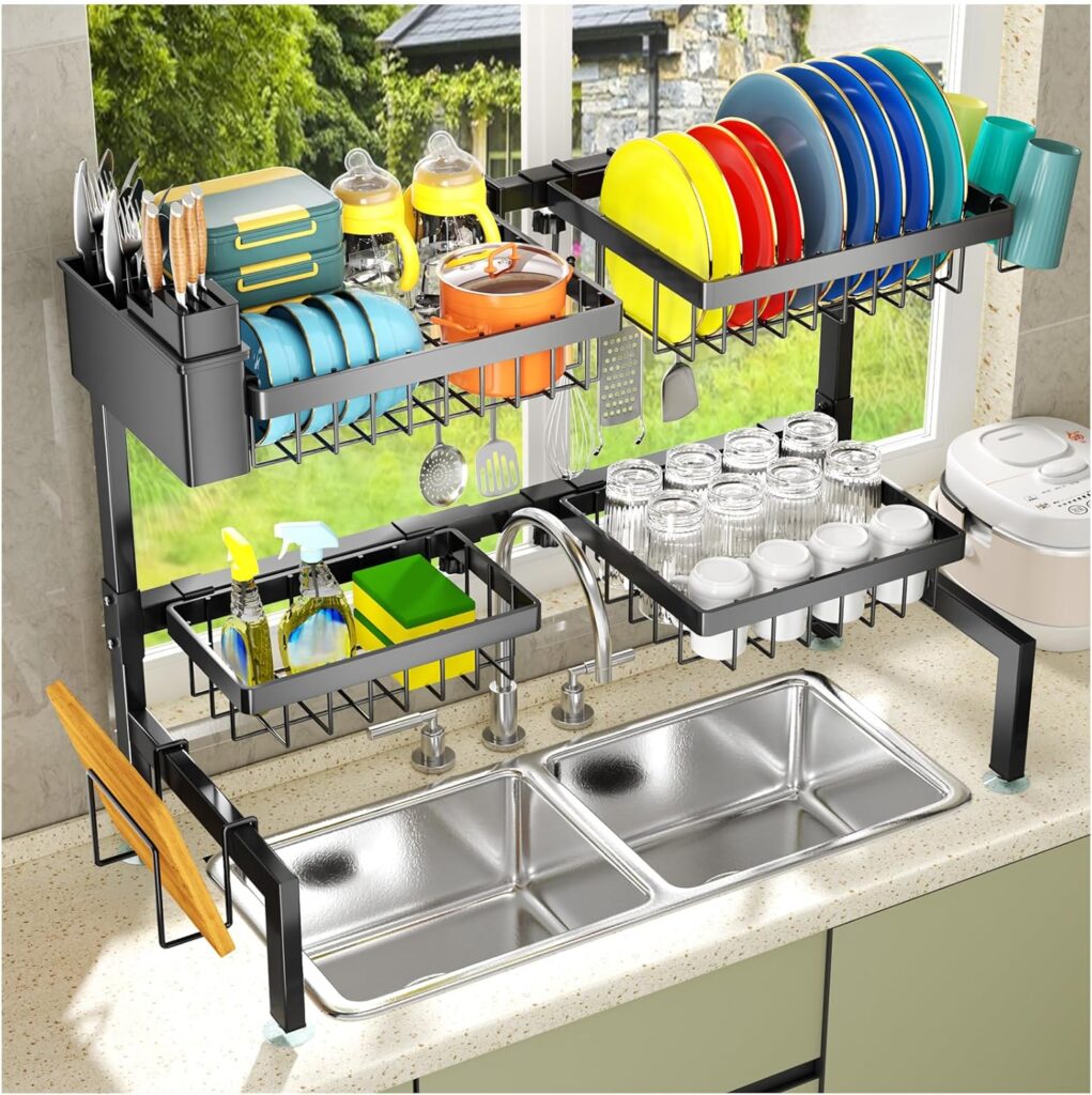 YKLSLH 4 Baskets Over The Sink Dish Drying Rack, Extendable Large Capacity Sink Rack, Metal Drying Rack Saving Space,for Most Sinks (26.57-35)