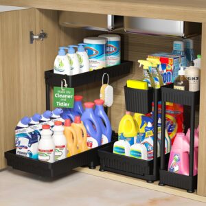 Sevenblue 3 Pack Multi-Purpose Pull-Out Storage Organizers, 2-Tier L-Shaped Under Sink/Cabinet Organizers and Storage for Bathroom & Kitchen, Black, 12.8 Inches