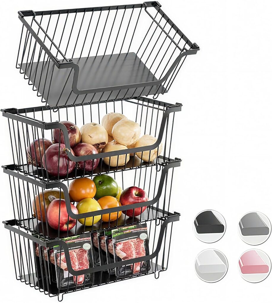 GAOKASE 4 Pcs Stackable Wire Baskets for Pantry Organizers and Storage,Vegetable Fruit Basket for Countertop,Kitchen Storage Metal Baskets,Produce Potato Onion Storage Bin,Black