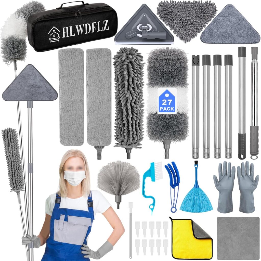 Microfiber Duster Kit 27pcs with 30 to 100 Inches Extension Pole and Wall Cleaner Mop, Washable and Bendable Feather Duster for Cleaning Ceiling Fans, High Ceilings, Cobwebs, Blinds, Grey