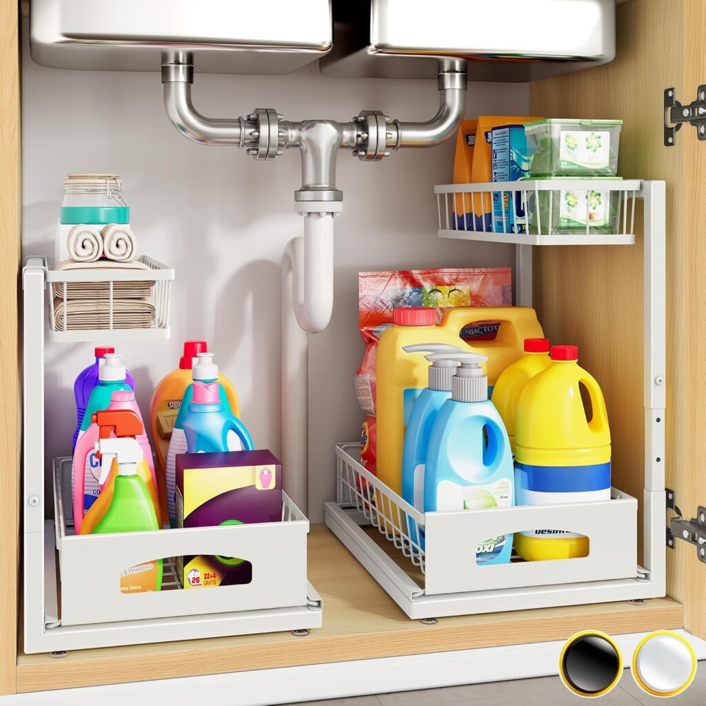 Under Sink Organizer, 2 Pack Cabinet Organizer for Kitchen, Height Adjustable Pull Out Heavy Duty 2 Tier Metal Under Sink Storage for Bathroom Pantry (White, 2 Pack)