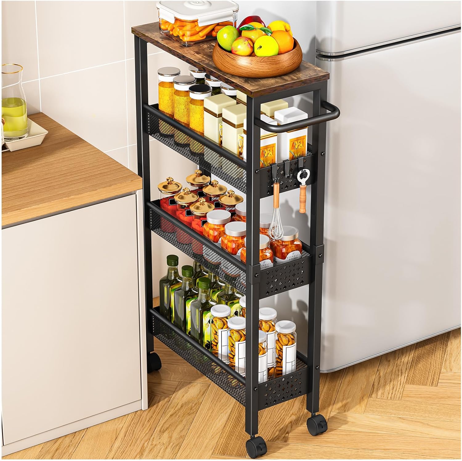 Vivihomety Utility Slim Storage Cart with Wheels, 4 Tier Small Rolling Cart with Wood Top, Metal Kitchen Bathroom Laundry Room Organization Trolley with Handle for Narrow Space  Black