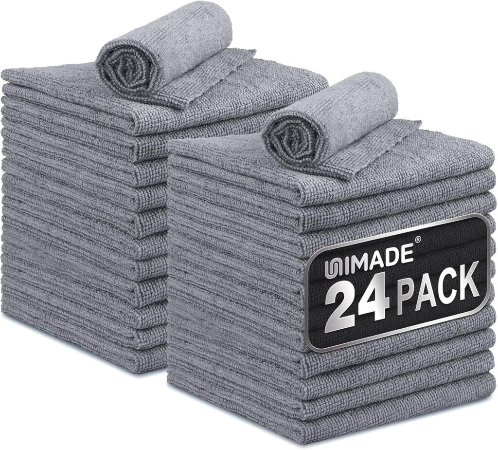 UNIMADE Microfiber Cleaning Cloth, 24 Pack Reusable Microfiber Towels for Cars Lint Free Cleaning Shop Towel Rags for Home Kitchen Automotive Bar Mechanic Restaurant Garage, 11x 12, Grey