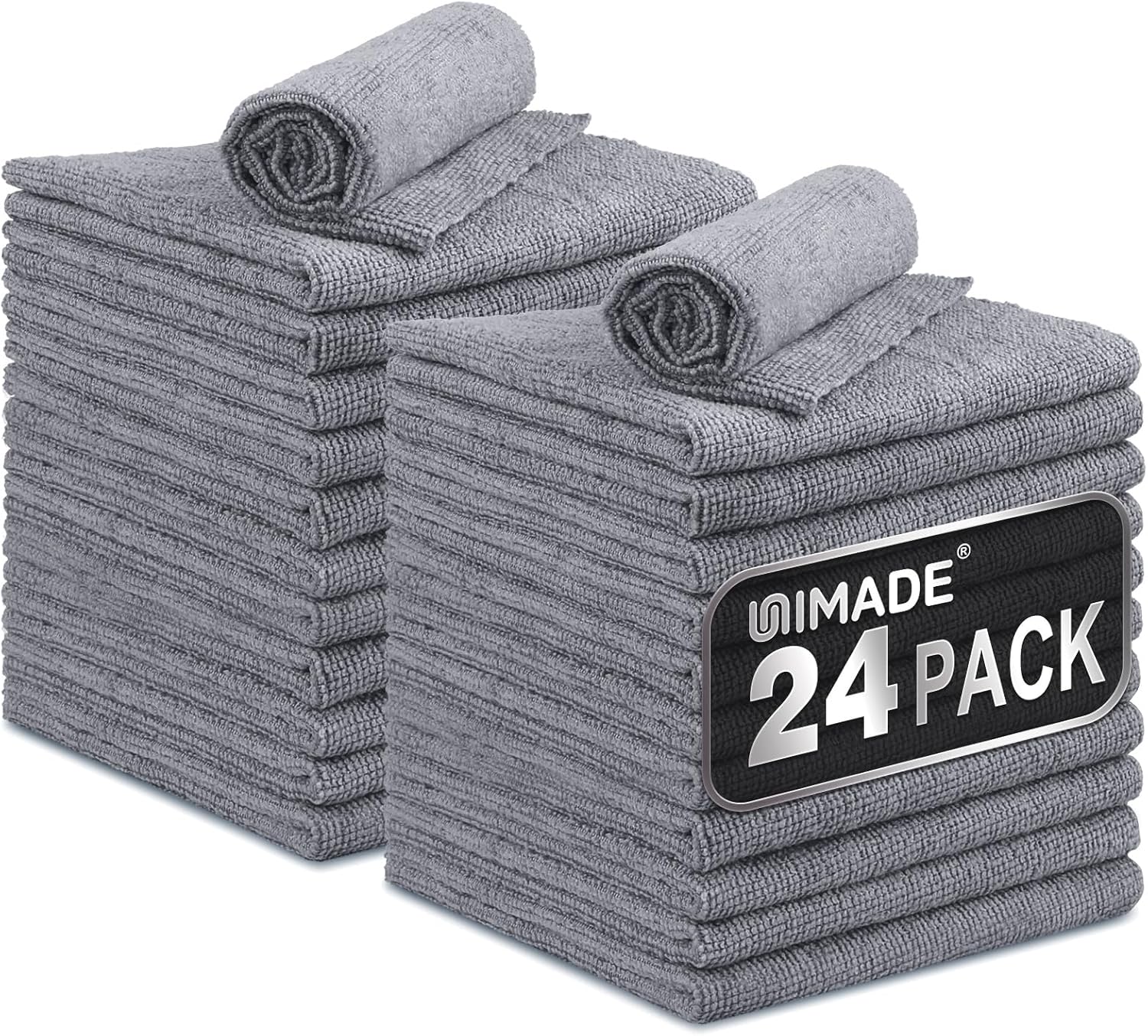 UNIMADE Microfiber Cleaning Cloth, 24 Pack Reusable Microfiber Towels for Cars Lint Free Cleaning Shop Towel Rags for Home Kitchen Automotive Bar Mechanic Restaurant Garage, 11"x 12", Grey