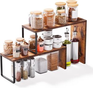Kitchen Countertop Organizer, Spice Rack Cabinet Organizer Shelf Stackable Counter Corner Shelves Organization and Storage for Pantry, Counter top, Coffee Station Wood Rustic Brown