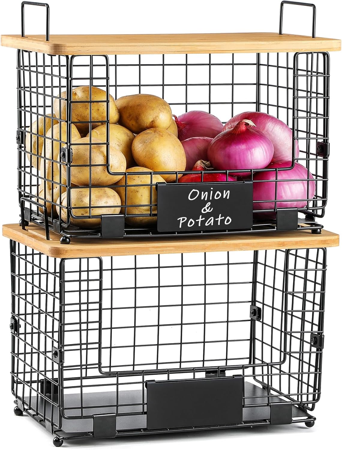 2 Set XL Stackable Wire Basket with Bamboo Tops & Tags- Pantry Organizer and Storage Bins, Kitchen Counter Cabinet Shelf Countertop Under Sink Organizing, Food Snack Produce Onion Potato Bread Storage