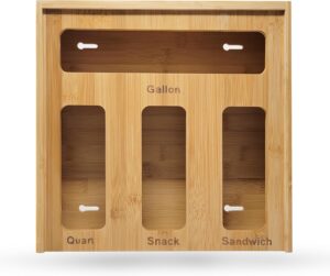 Bamboo Ziplock Storage Organizer for Kitchen Drawer with Sliding Lid  4 Slot Holder for Gallon, Quart, Snack & Sandwich Bags