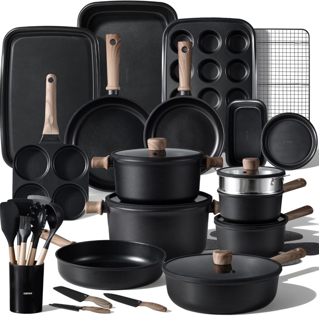 CAROTE 44pcs Nonstick Kitchen Titanium Cookware Sets, Nonstick Pots and Pans, Induction Cookware Set Kitchen Cooking Sets, Non Stick w/Frying Pan,Black