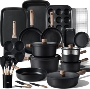 CAROTE 44pcs Nonstick Kitchen Titanium Cookware Sets, Nonstick Pots and Pans, Induction Cookware Set Kitchen Cooking Sets, Non Stick w/Frying Pan,Black