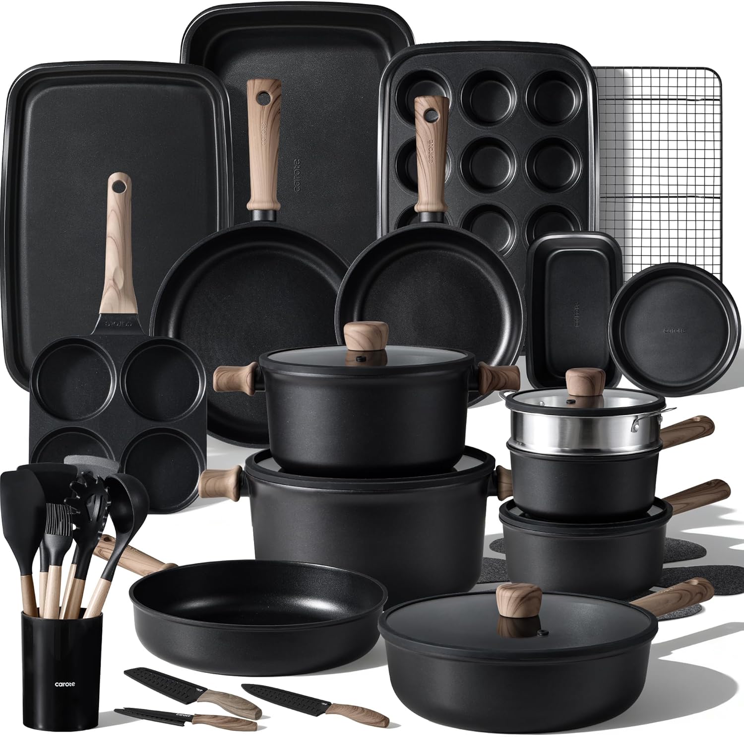CAROTE 44pcs Nonstick Kitchen Titanium Cookware Sets, Nonstick Pots and Pans, Induction Cookware Set Kitchen Cooking Sets, Non Stick w/Frying Pan,Black