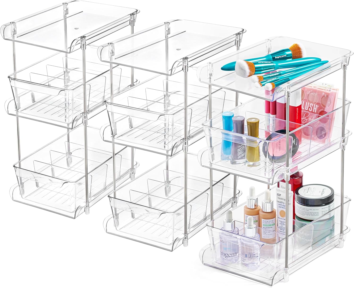 3-Pack Clear Bathroom Organizer Under Sink  3-Tier Slide-Out Drawer Storage Shelf for Toiletries, Makeup, Hair Products | Compact Acrylic Under Sink Organizer for Bathroom Cabinet Organization