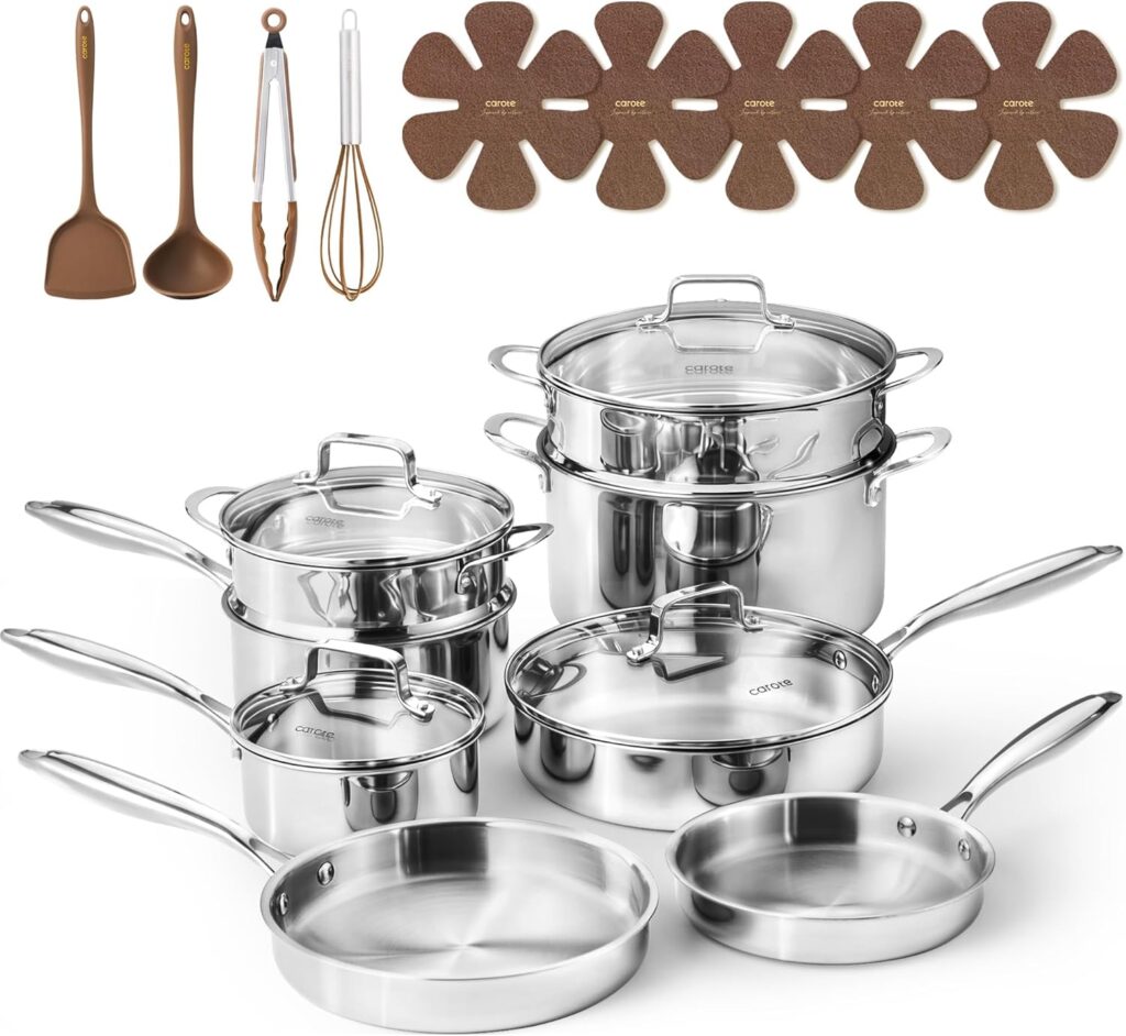 CAROTE 21pcs Tri-Ply Stainless Steel Cookware Set, Pots and Pans Set, Non Toxic Induction Kitchen Cooking Sets, Cookware Collection, Mirror Polish, Silver