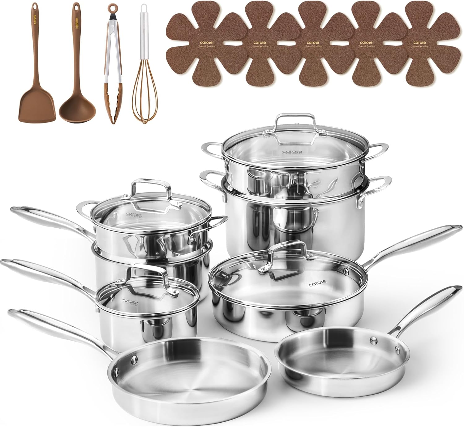 CAROTE 21pcs Tri-Ply Stainless Steel Cookware Set, Pots and Pans Set, Non Toxic Induction Kitchen Cooking Sets, Cookware Collection, Mirror Polish, Silver