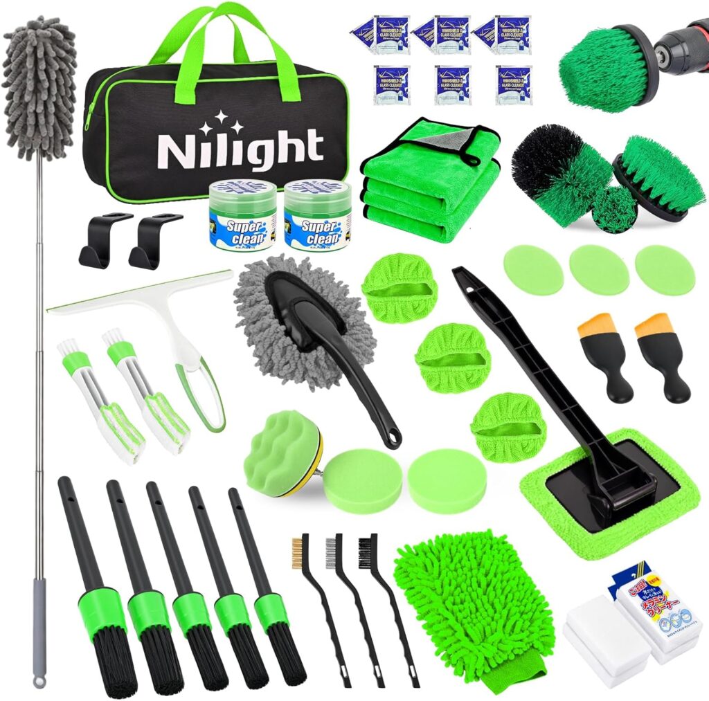 Nilight 52PCS Car Detailing Kit Auto Cleaning Tools Wash Set with Storage Carry Bag Home Use for Interior Exterior Deep Clean Polish Car Care Windshield Dashboard Seat Air Vents Wheels Tires, Green