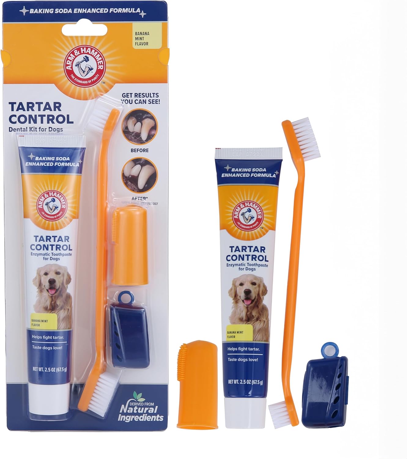 Arm & Hammer for Pets Tartar Control Dog Dental Care Kit, Dog Toothpaste Kit with Toothbrush and Finger Brush for Oral Hygiene and Fresh Breath Care, Banana Mint Flavor, 2.5 oz, 3-Piece Kit