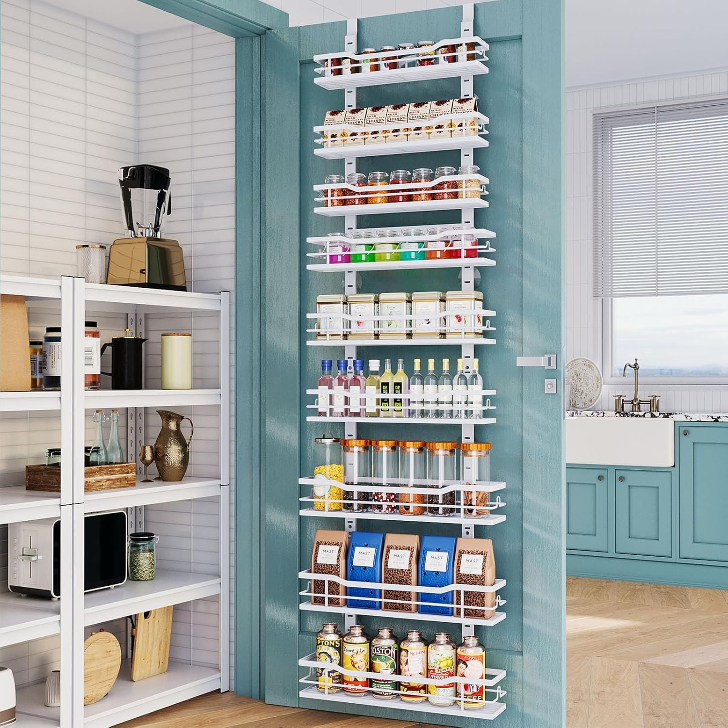Eastherry Over The Door Pantry Organizer9-Tier Over The Door Organizer with Adjustable BasketMetal Hanging Pantry Organizers and Storage for Kitchen, Back of Door Seasoning Rack