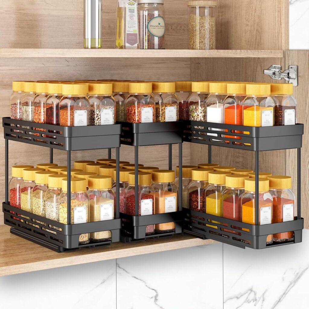 Pull Out Spice Rack Organizer for Cabinet, 3 Packs Slide Out Spice Racks Organizer, Spice Cabinet Organizers, Cabinet Size Need:12 Highx11 Deepx5 Wide,Each Tier Hold 10 Spice Jar – 2 Tier, Black