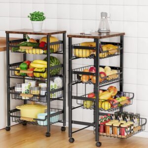 5-Tier Rolling Utility Cart, Kitchen Storage Cart with Wheels, Large Capacity Utility Cart with Wooden Tabletop & Mesh Baskets for Kitchen, Bathroom, Laundry Room