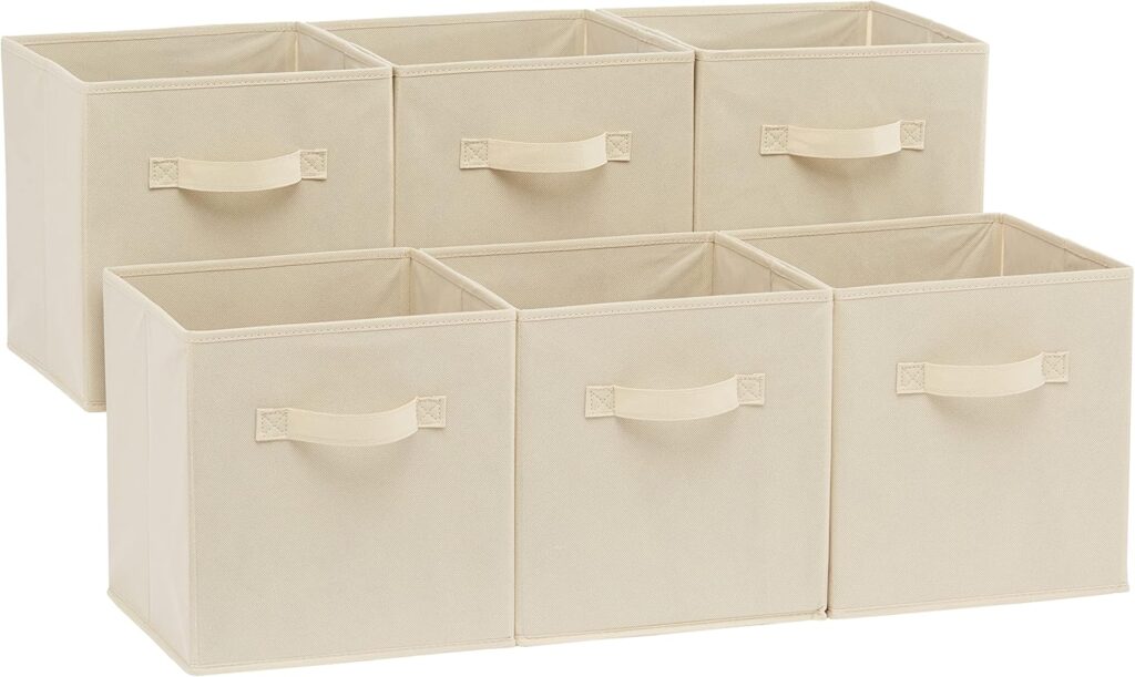 Amazon Basics Collapsible Fabric Storage Cubes Organizer with Handles, Sturdy Storage Bins for Organization, 10.5 x 10.5 x 11, Beige, 6-Pack