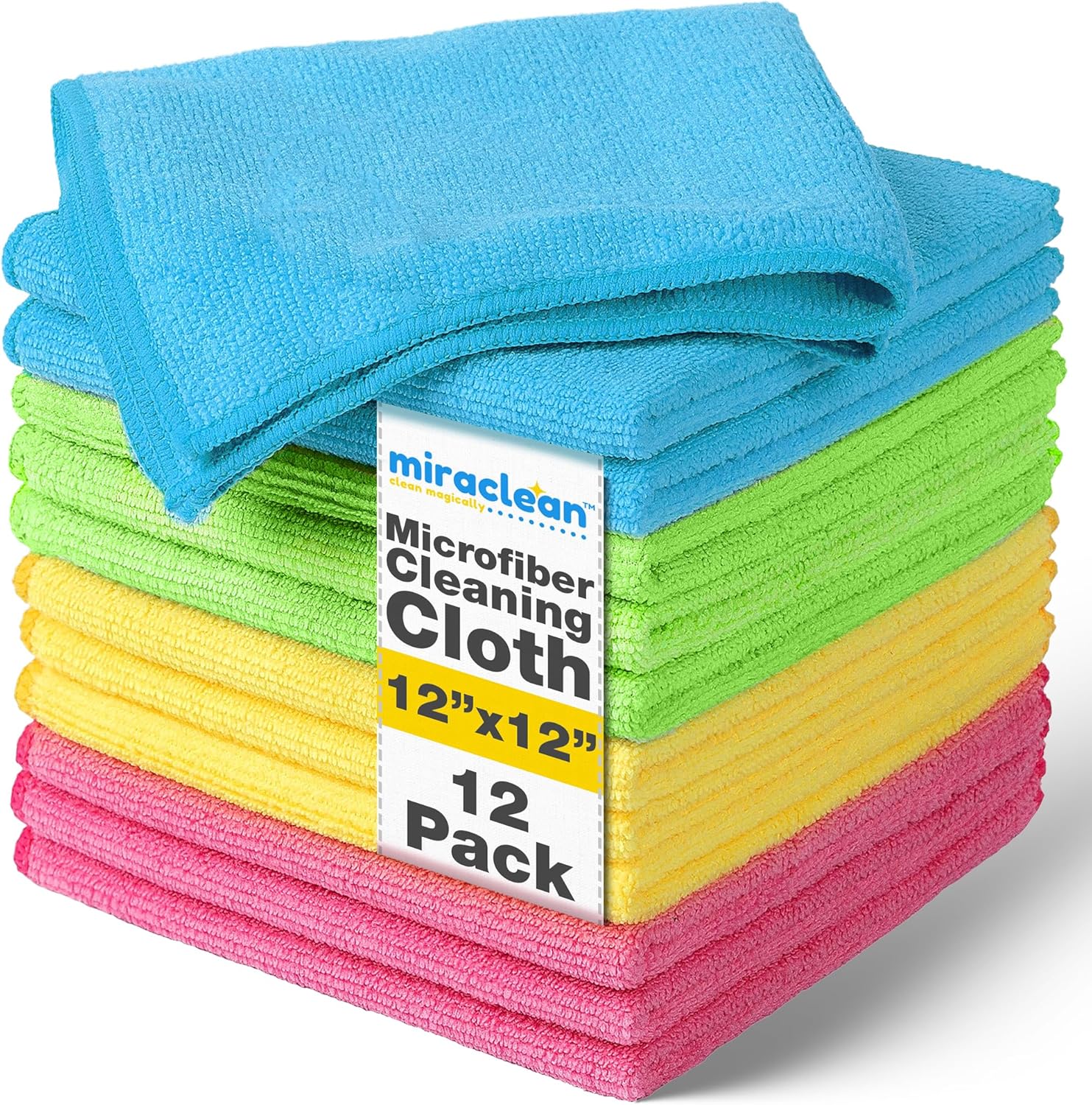 MIRACLEAN Microfiber Cleaning Cloth 12 Pack - 12 x 12 inches - Rags for Cleaning House Streak-Free Wipes for Screens, Dusting & Appliances - Premium Micro Fiber Cloth for Cleaning