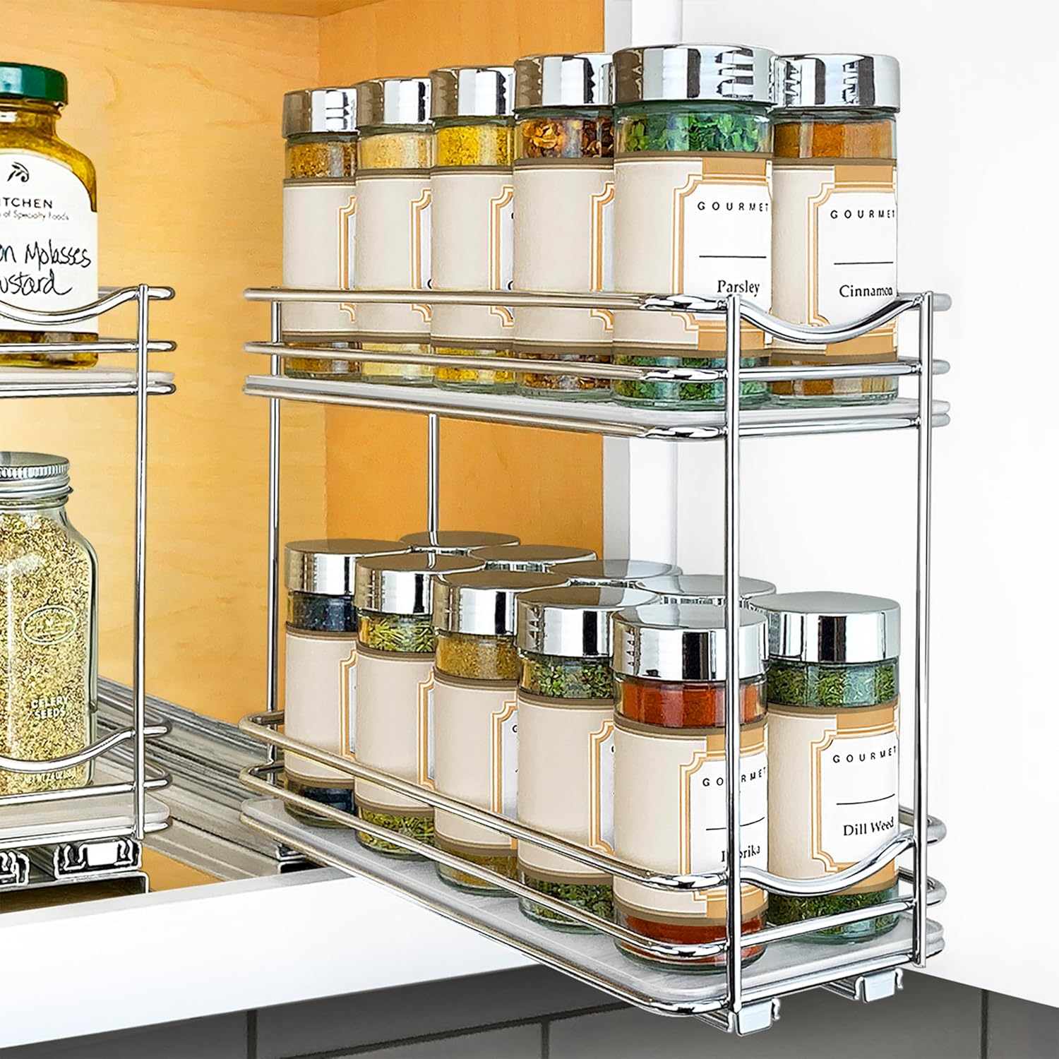 LYNK PROFESSIONAL Pull Out Spice Organization for Cabinets - 4-3/8 inch Wide  Spice Rack for Inside Cabinets, Slide Out Spice Rack Organizer for cabinet  Pull Out Spice Rack, Sliding 2 Tier Chrome