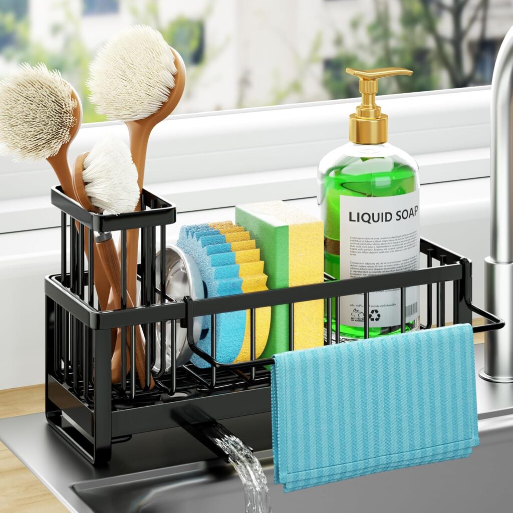 HapiRm Sponge Holder for Kitchen Sink – Self-draining Sink Caddy with Brush and Dishcloth Holders, Stainless Steel Kitchen Countertop Organizers and Storage Essentials – Black