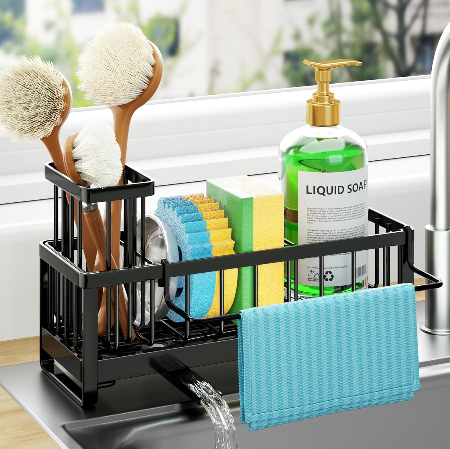 HapiRm Sponge Holder for Kitchen Sink - Self-draining Sink Caddy with Brush and Dishcloth Holders, Stainless Steel Kitchen Countertop Organizers and Storage Essentials - Black