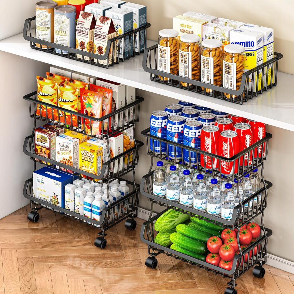 Gsiekare 3-Tier Rolling Pantry Organizer and Storage Cart with Wheels  Stackable Wire Snack Cart for Kitchen, Pantry Shelves and Storage Rack for Fruit, Vegetables, Onion, Potato (1 Pack)