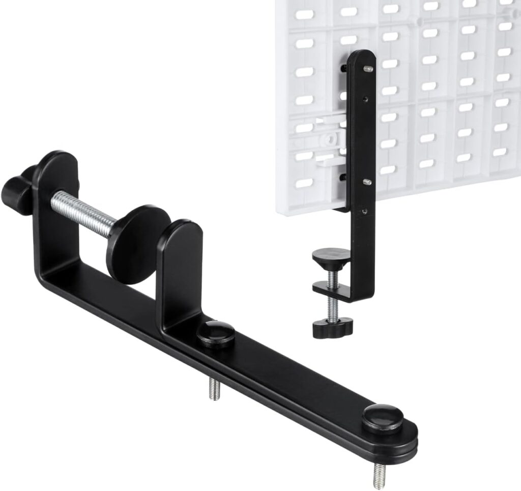 OSALADI 2pcs Pegboard Desk Bracket Pegboard Table Mount Desktop Connector Shield Holder Desk Shelf Clamp Support Pegboard Installing Tool for Garage Kitchen Home Office Black, N550MJBGUGA5110QJ74RFP1