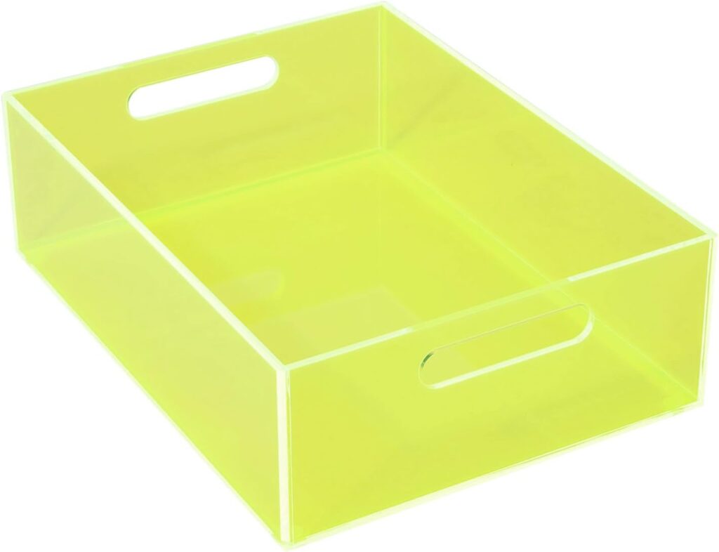 Acrylic Storage Bin Pantry Storage Container with Handles Kitchen Organizer Bin for Cabinet Cupboard Organization, Heavy Duty, 12.6 x 9.4 x 4'', Neon Green