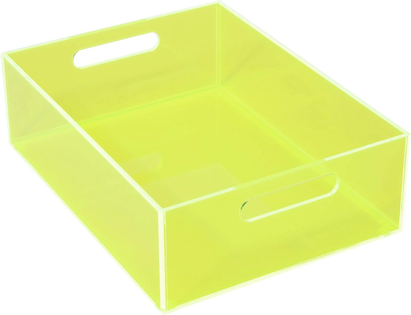 Acrylic Storage Bin Pantry Storage Container with Handles Kitchen Organizer Bin for Cabinet Cupboard Organization, Heavy Duty, 12.6 x 9.4 x 4'', Neon Green