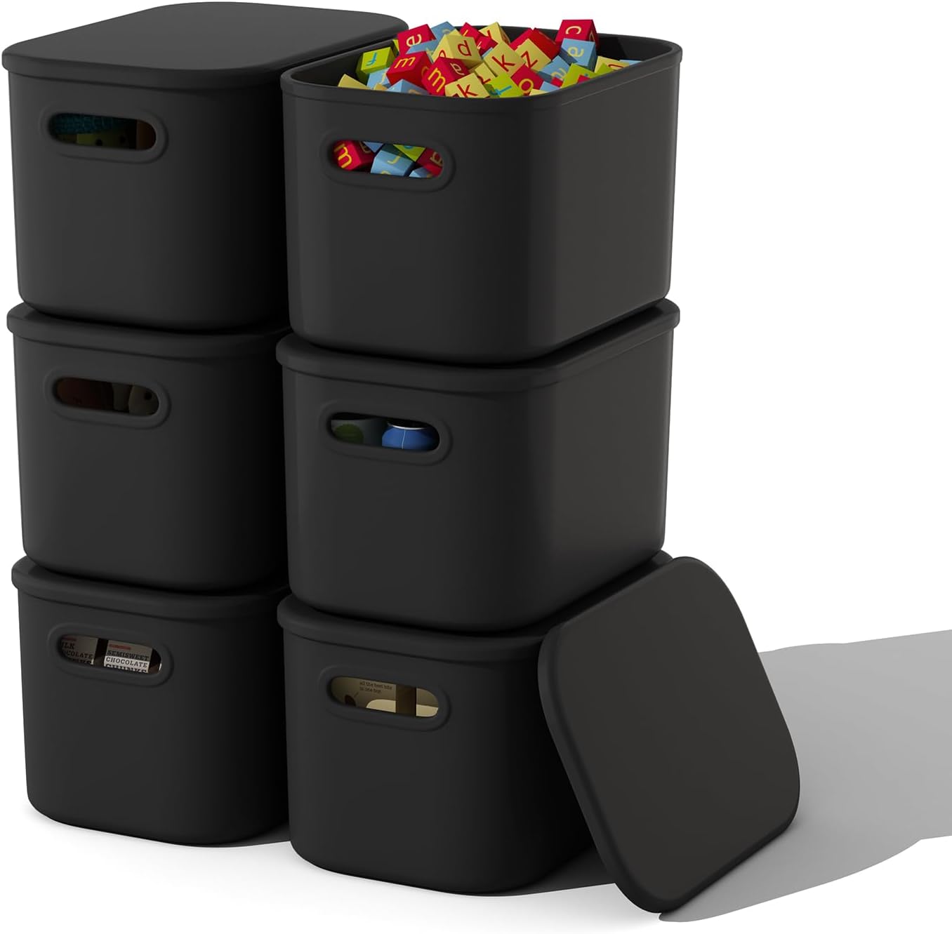 ORGIDOL 6 Pack Black Storage Bins with Lids Stackable Storage Container for Organizing, Black Storage Boxes with Handle for Shelves, Cute Organizer Bins for Craft, Snacks, 9.85x6.9x5.7 inch