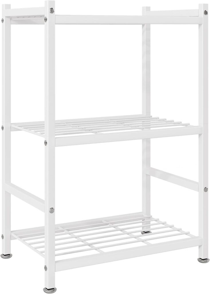 Small Storage Shelves, 3-Tier Metal Shelving Unit with Adjustable Feet, Compact Shelf Organizer for Garage, Kitchen, Pantry and Closet Organization, 11.8" x 17.7" x 29.99", White